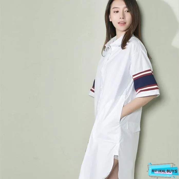 White cotton plus size shirt dress women sundress navy sleeves