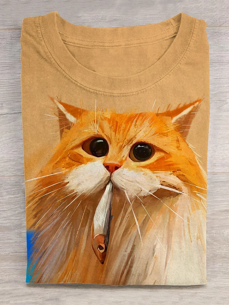 Funny Cat Fish Art Print Casual T-Shirt