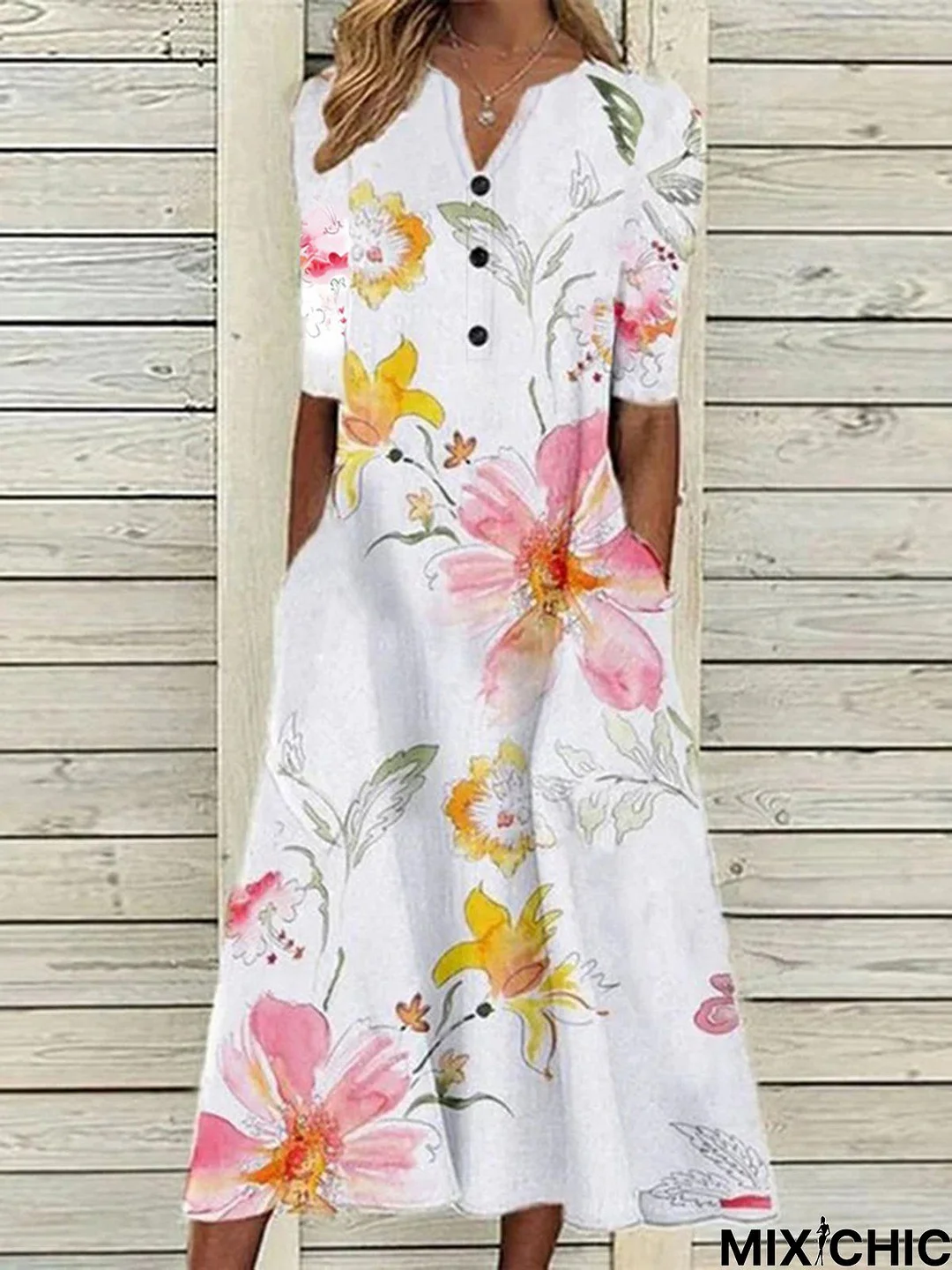 Floral Casual V Neck Half Sleeve Buttoned Pockets A-line Dress