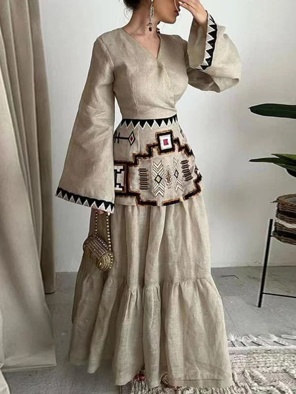 European And American Women'S Clothing Retro Ethnic Style Cotton And Linen Dress Printed Totem Long-Sleeved Swing Dress