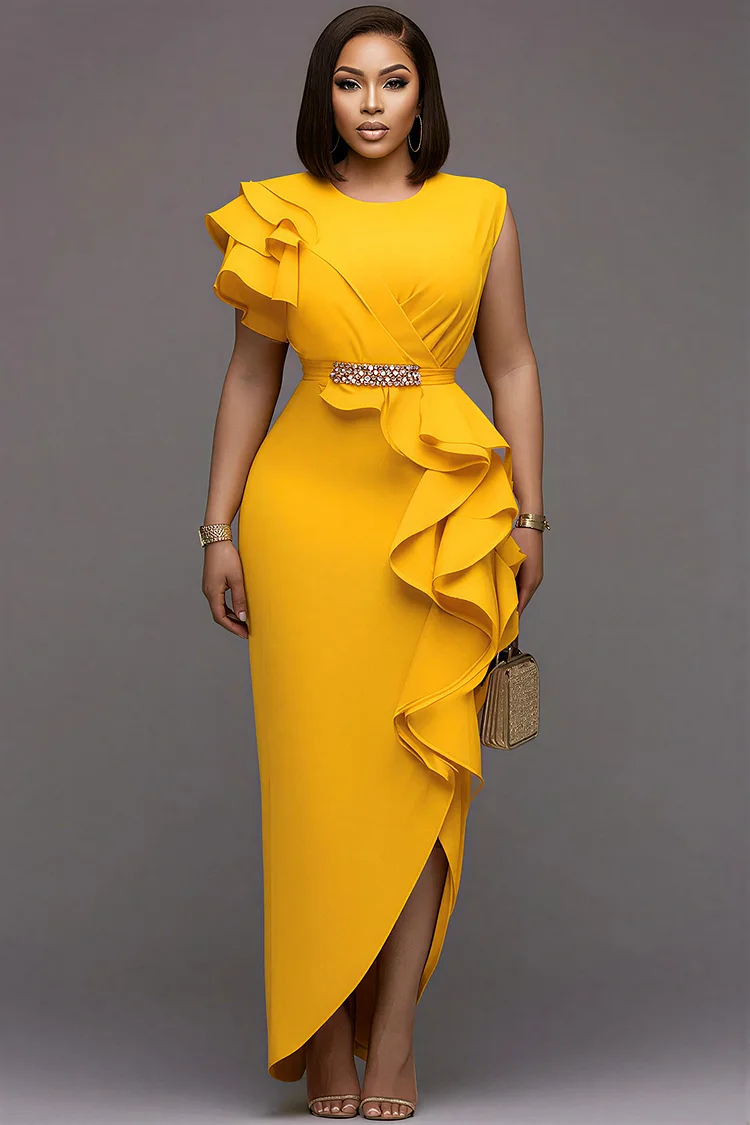 Xpluswear Design Plus Size Cocktail Party Yellow Round Neck Ruffle Split Maxi Dresses 2024 - Xpluswear