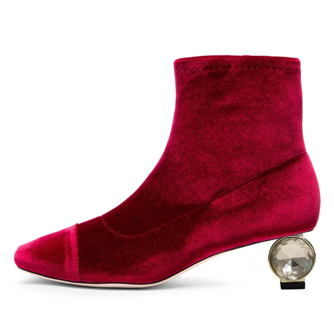 Red Square Toe Velvet Crystal Sculptural Heel Booties for Women