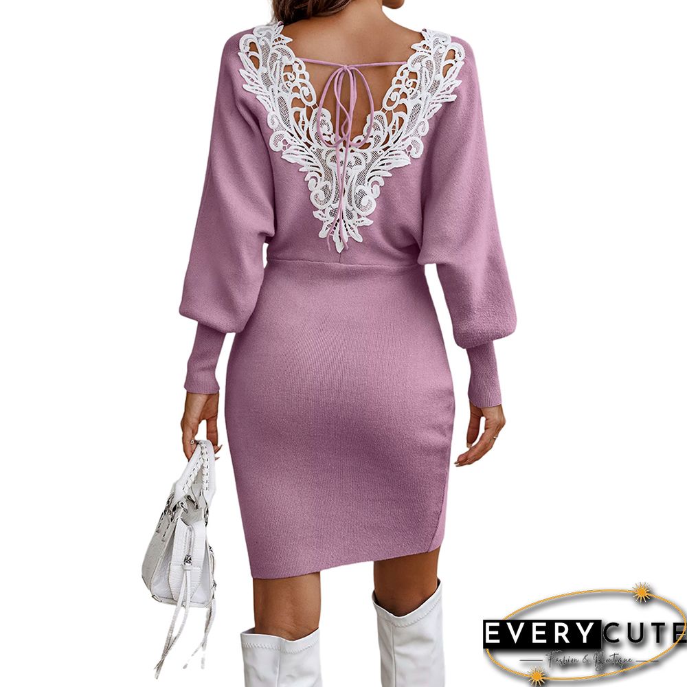 Pink V Neck Sweater Dress with White Lace Trim in Back