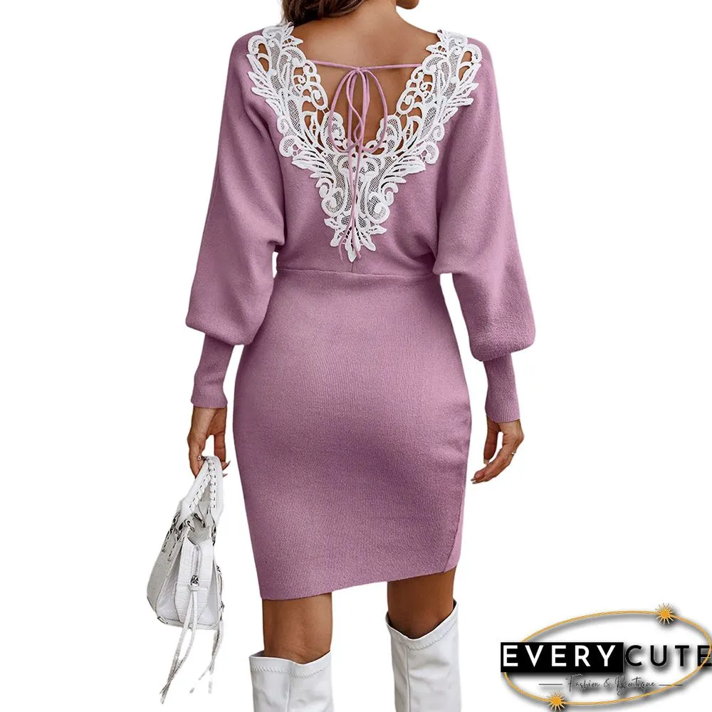 Pink V Neck Sweater Dress with White Lace Trim in Back