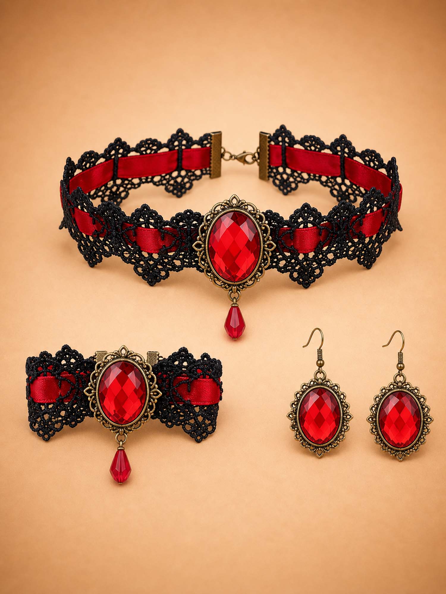 Perfect for a Country Music Festival &mdash; Vintage Baroque Embossed Gemstone Lace Ribbon Choker Jewelry Set
