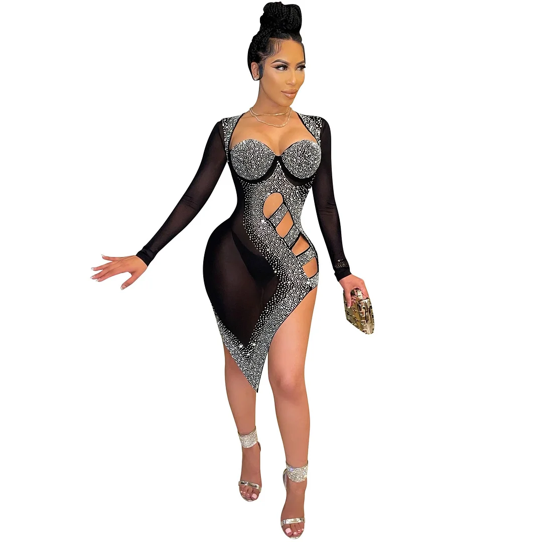 CM.YAYA Women Hot Rhinestone Mesh See Though Bodycon Dress Sexy Night Party Clubplunging Neck Lace Up Side Slit Midi Dresses