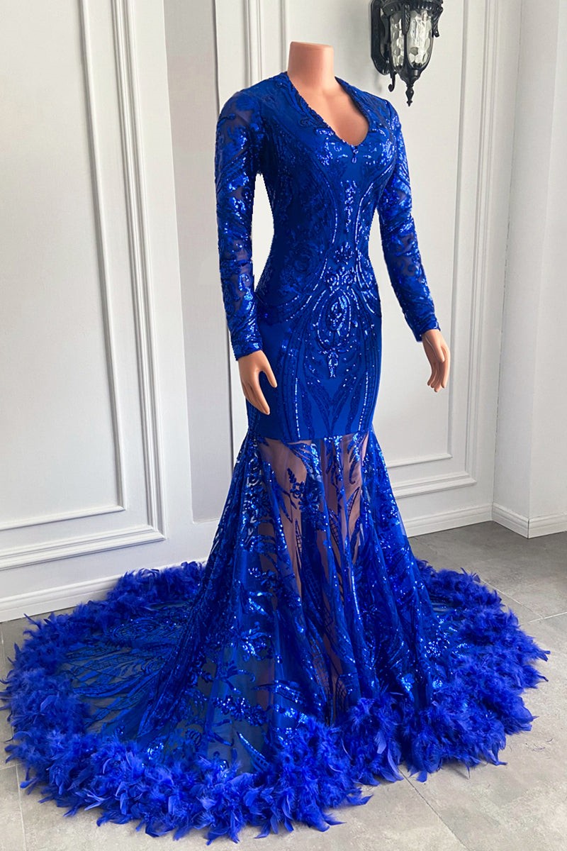 Bellasprom Royal Blue Long Sleeves Prom Dress Mermaid Sequins With Feather 6107