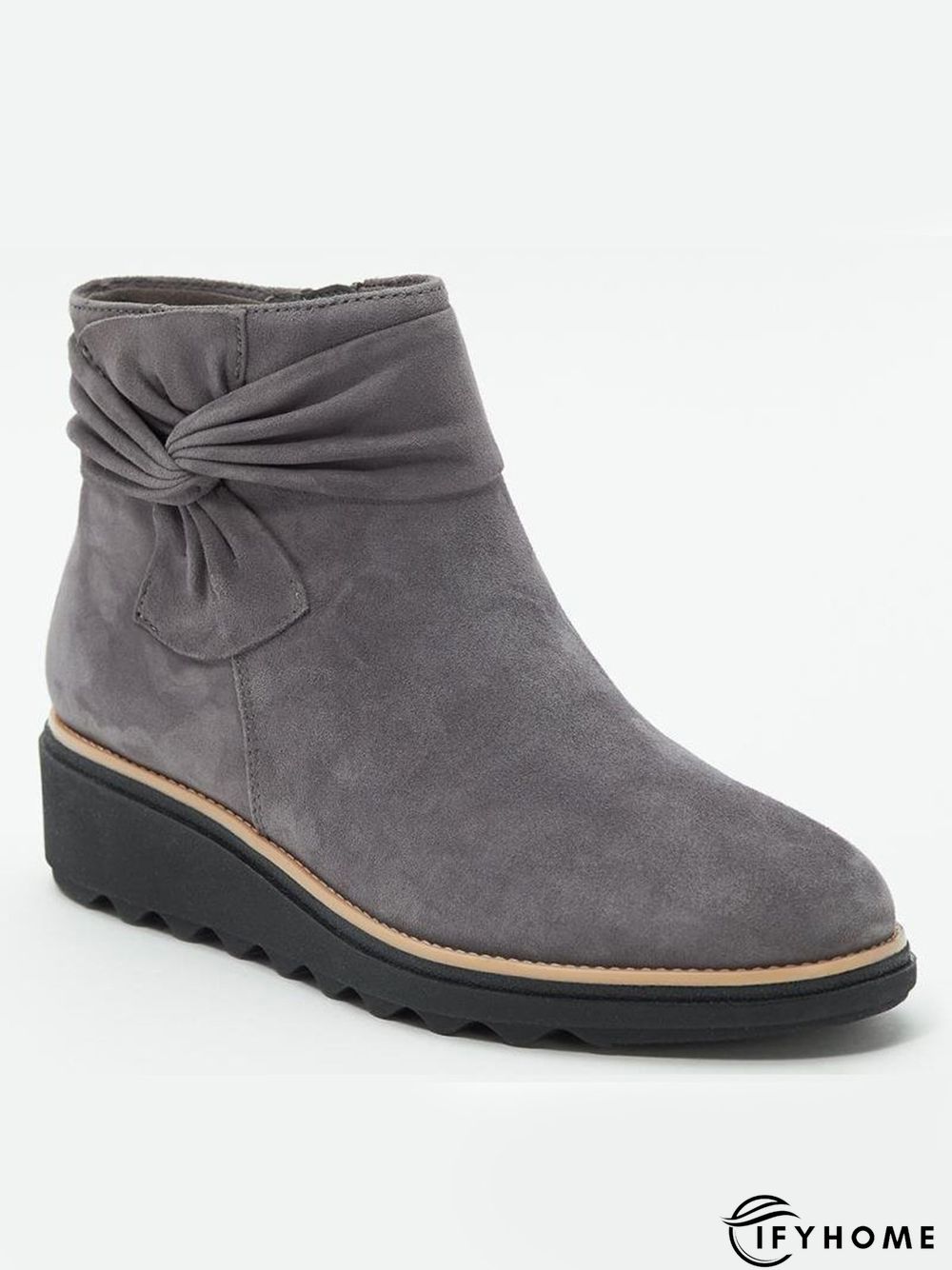 Comfortable Soft Leather Bow Round Toe Low Heel Booties | IFYHOME