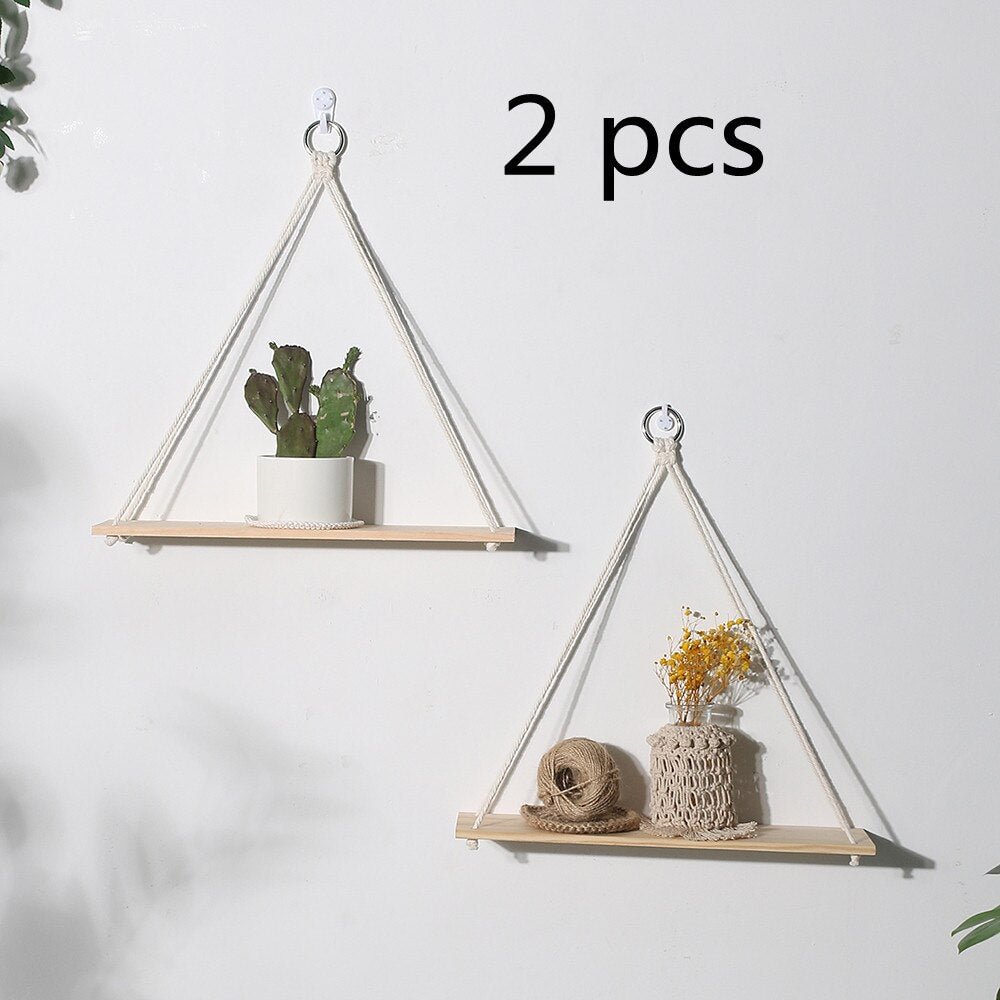 2 pcs Wall Shelves Macrame Plant Storage Hanging Wooden Shelf Boho Home Decor Girls Living Room Decoration Bedroom Candle