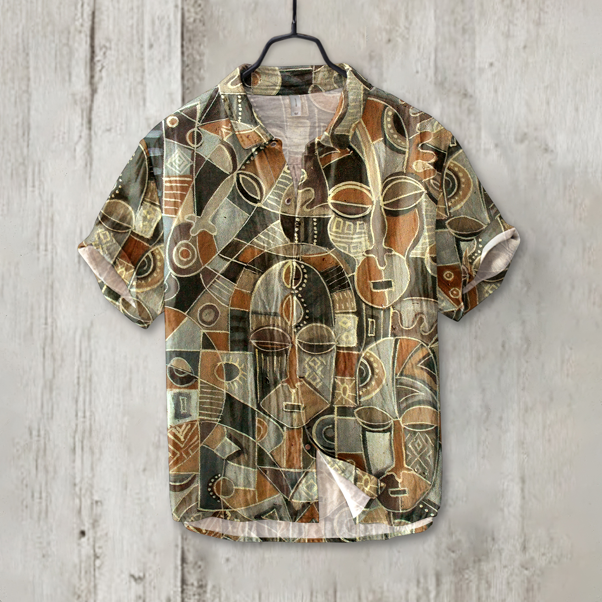 Men's Tribal African Masks Art Pattern Short Sleeve Linen Shirt