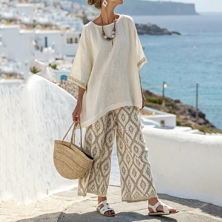 Geometric Pattern Linen Blend Casual T-shirt Two Piece Set