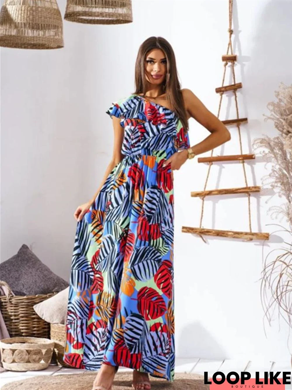 Waist Sexy Off-The-Shoulder Print Long Dress