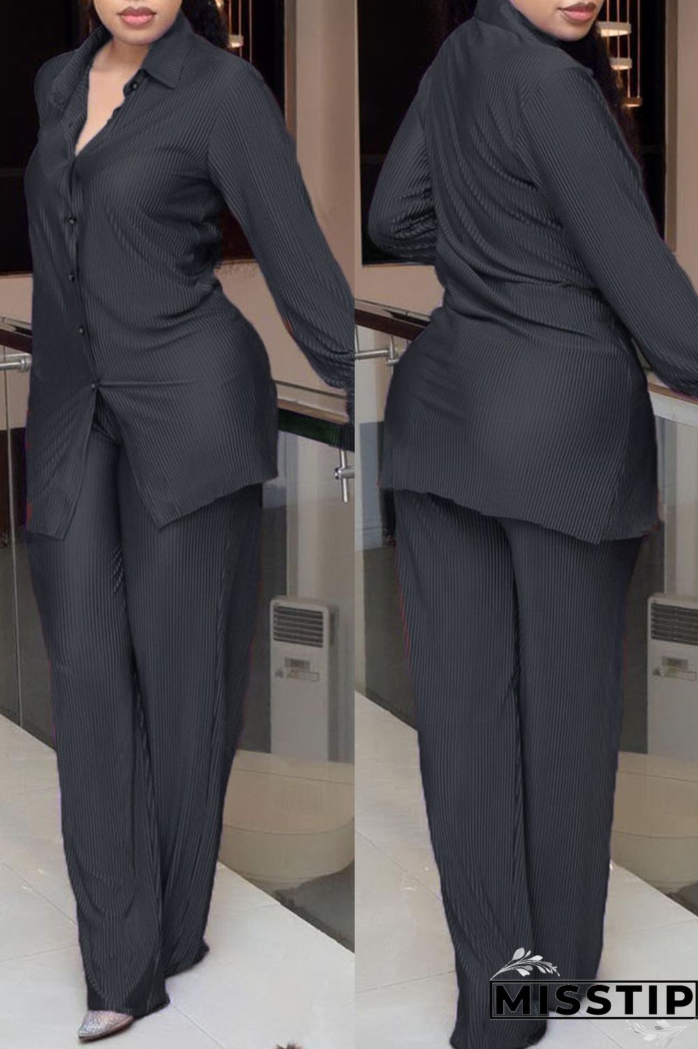 Black Casual Solid Patchwork Turndown Collar Long Sleeve Two Pieces