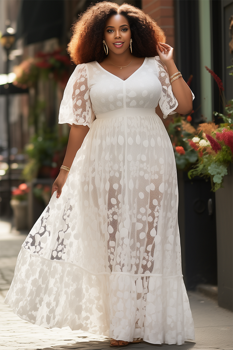 Xpluswear Design Plus Size Wedding White V Neck Short Sleeve See Through Lace Maxi Dresses [Pre-Order]