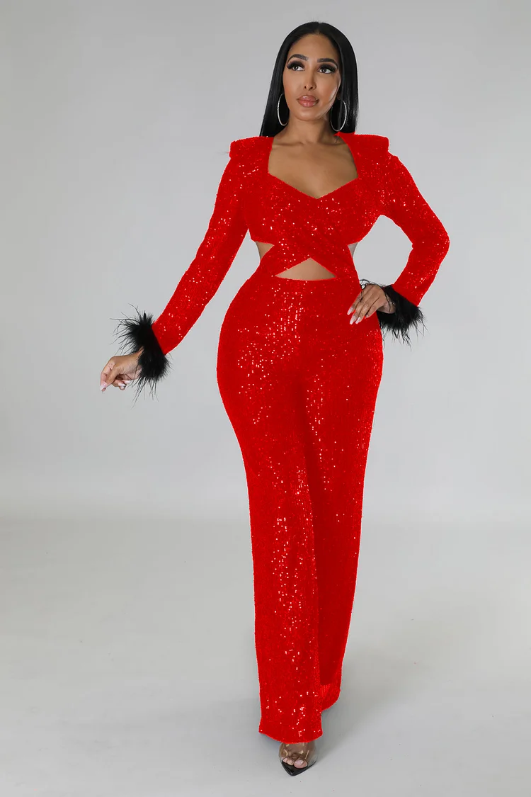 Feather Cuff Long Sleeve Sequin Cut Out Party Jumpsuit