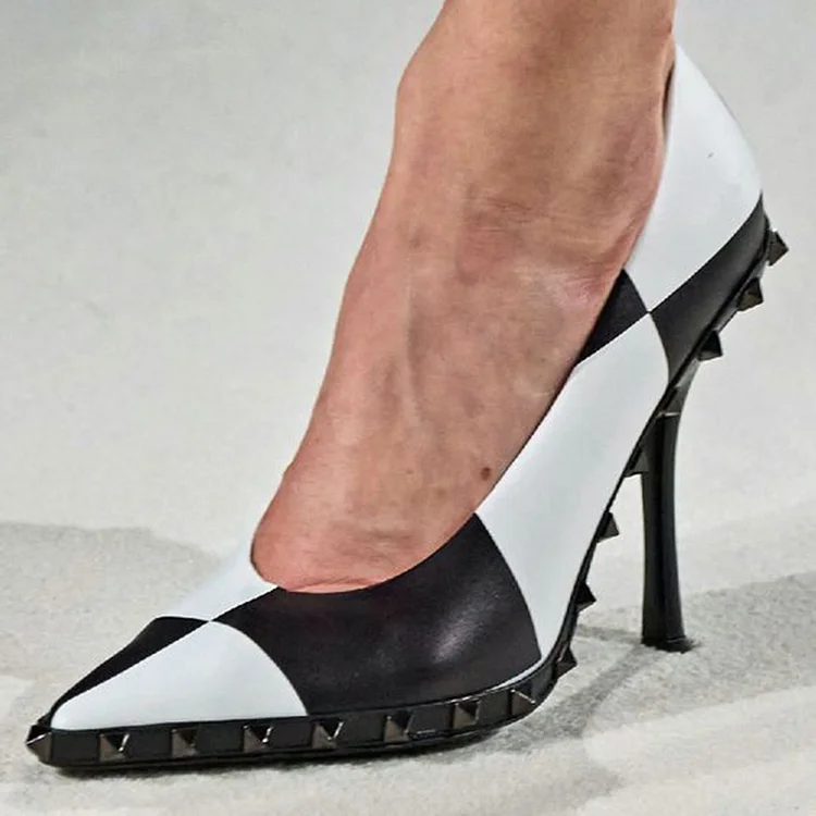 Black & White Pointed Stiletto Heels Women's Elegant Plaid Shoes Elegant Office Pumps |FSJ Shoes