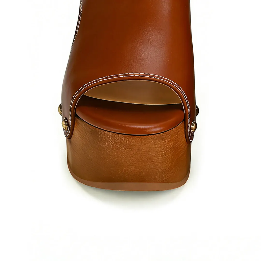 Brown Buckle Chunky Heels Open Toe Platform Mules with Studded