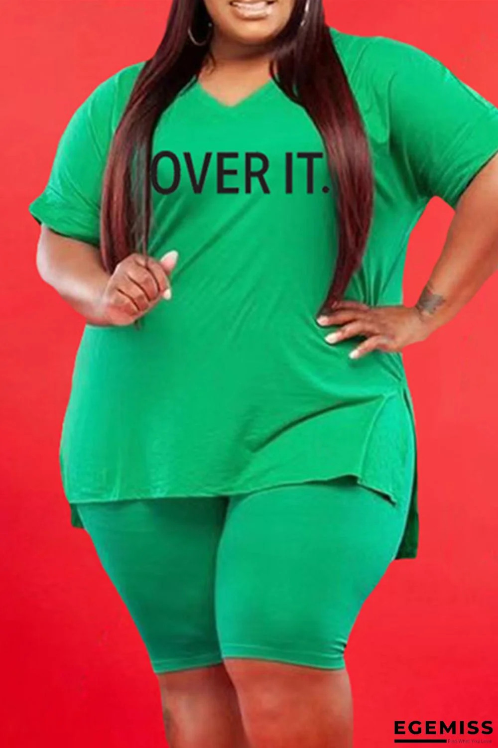 Green Fashion Casual Letter Print Slit V Neck Plus Size Two Pieces | EGEMISS