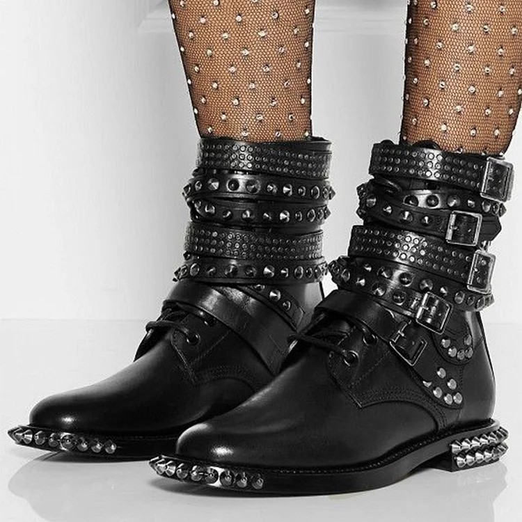 Black Studs Buckles Lace Up Fashion Boots Ankle Boots |FSJ Shoes