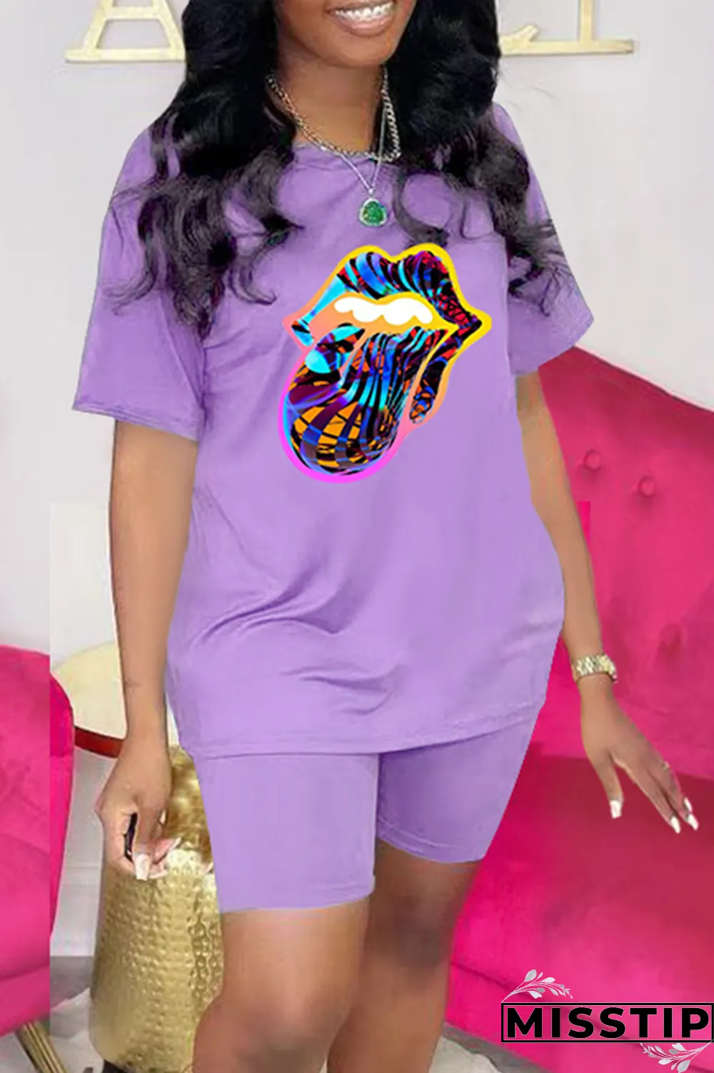 Red Fashion Lips Printed Patchwork O Neck Short Sleeve Two Pieces