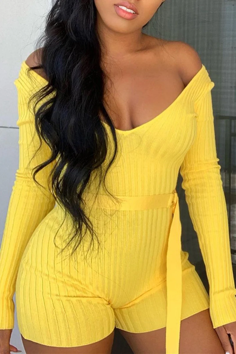 Yellow Fashion Casual Solid With Belt Off the Shoulder Skinny Romper | EGEMISS