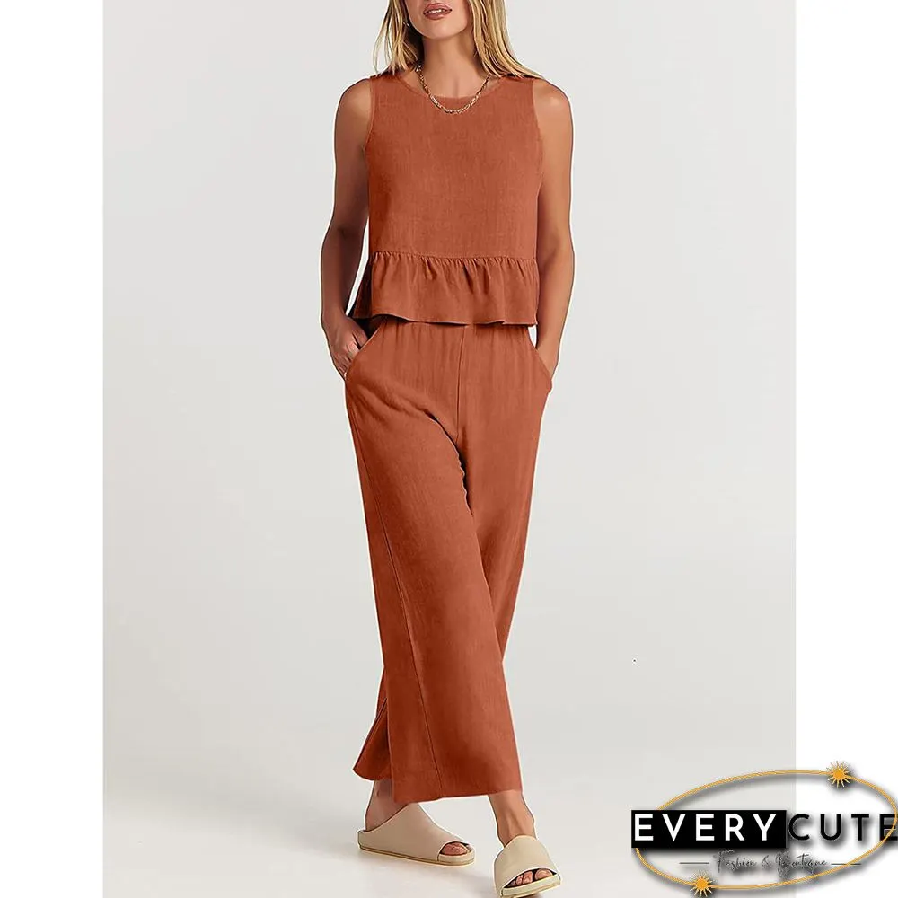 Orange Sleeveless Pleated Tank and Wide Leg Pants set