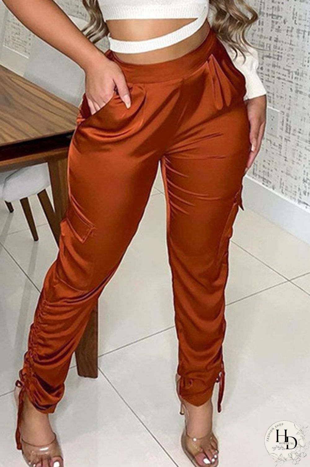 Brown Casual Solid Split Joint Draw String Pocket Fold Harlan High Waist Solid Color Bottoms