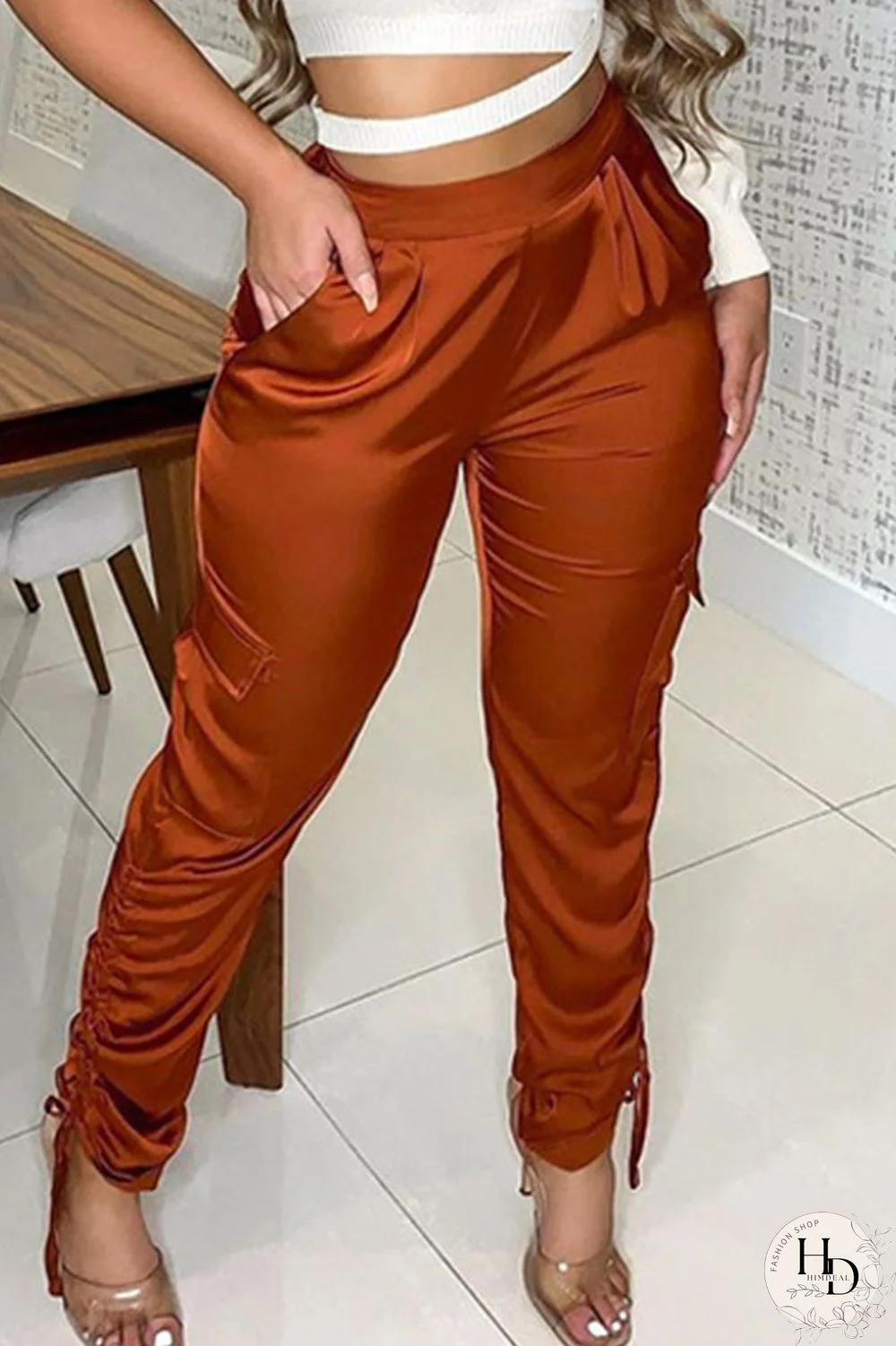 Brown Casual Solid Split Joint Draw String Pocket Fold Harlan High Waist Solid Color Bottoms