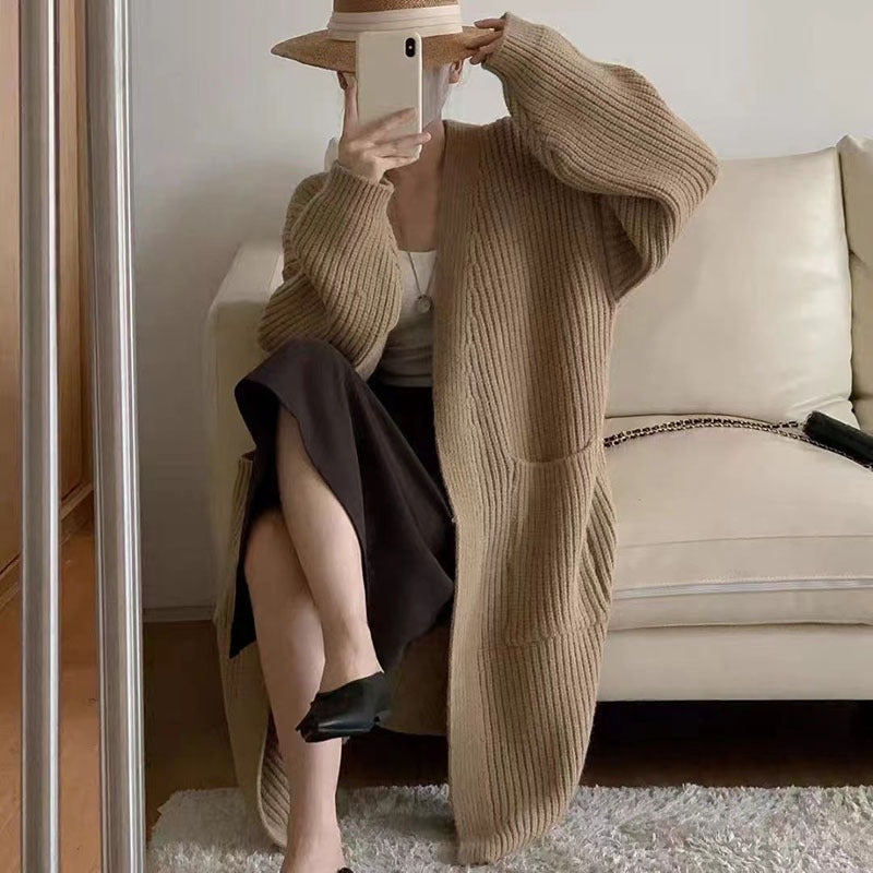 Aiertu winter fits Autumn and Winter Korean Style Thick Wool Long Knitted Cardigan Women's Solid Color Loose Temperament Buckle-Free Sweater Coat aiertu