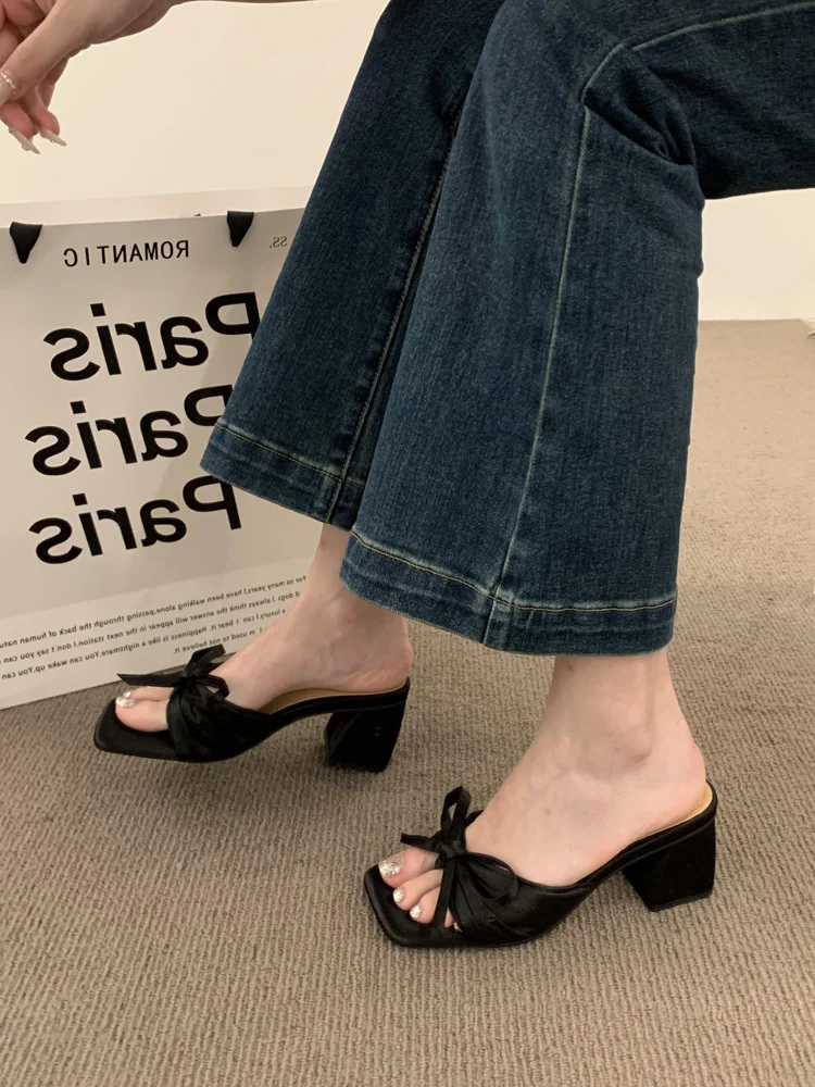 Breakj Breakj High-End Silk And Satin Bow Coarse And Cool Slippers Women Wear 2025 New Summer Dew High-Heeled Shoes