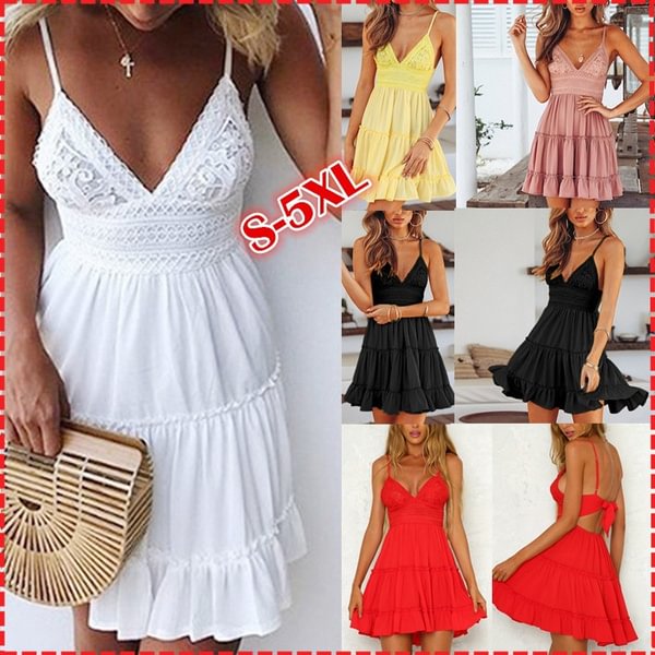 Women Sling Solid Color Dress Lace Mini Dress Ladies Beach V Neck Party Sundress S-5XL - Shop Trendy Women's Fashion | TeeYours