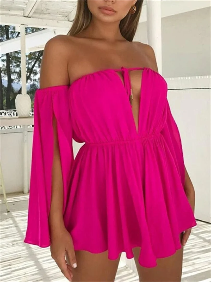 wsevypo Women Off-shoulder Halter Tie-up Dress Sexy Solid Long Slit Sleeve Mini Pleated Beach Dress Party Club Evening Wear