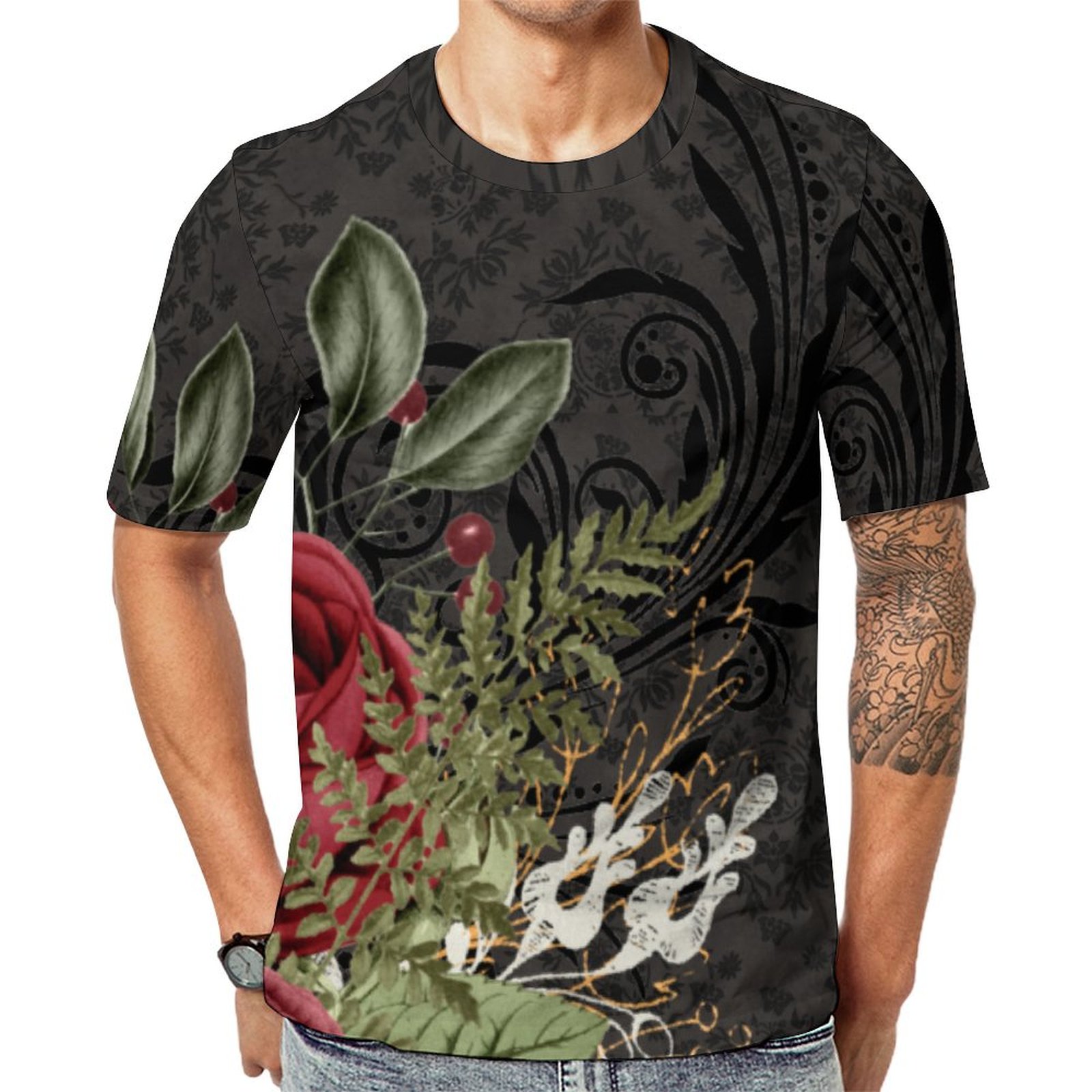 Gothic Inspired Red And Black Rose Short Sleeve Print Unisex Tshirt Summer Casual Tees for Men and Women Coolcoshirts