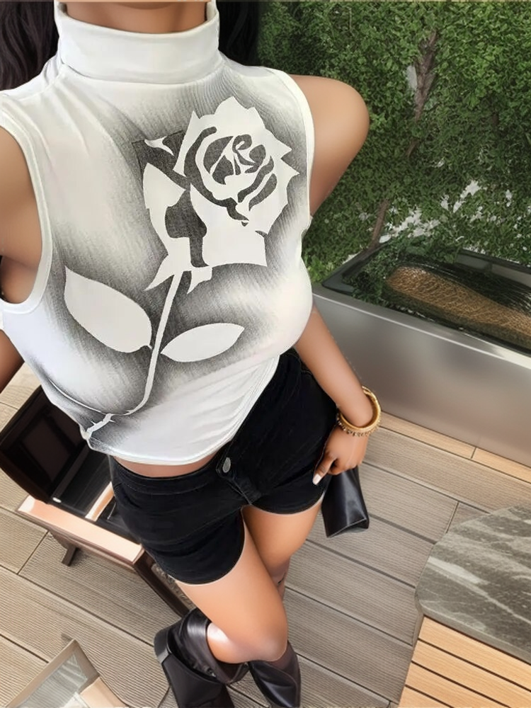 Gothic Rose Print Tank Top Aesthetic Y2K Crop Top Sleeveless Vest Harajuku Streetwear Black Summer Tops Women Slim Clothes