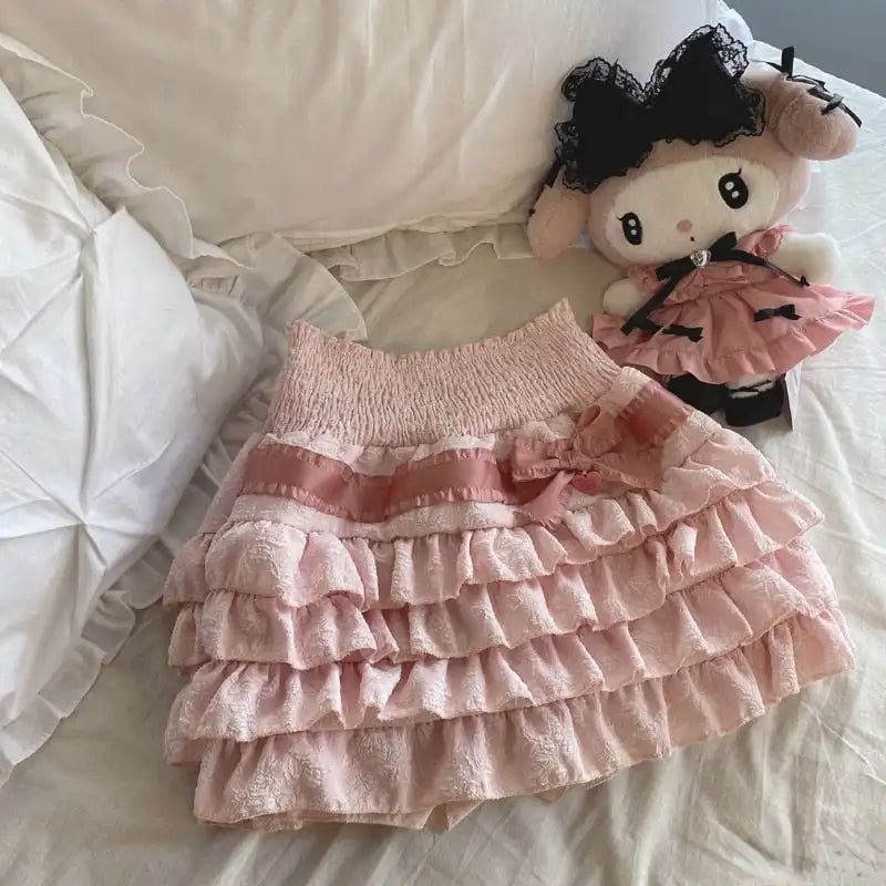 Lolita Cake Mini Skirts Women Japanese A-line High Waist Pleated Skirt Girly Kawaii Love Y2k Layered Skirts Fairy Outfit Aiertu