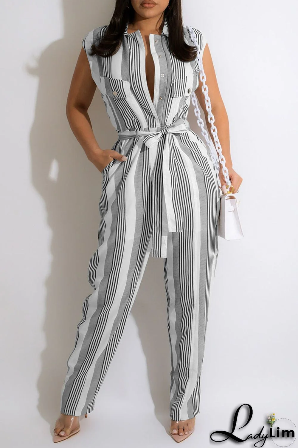 Grey Casual Striped Print Split Joint Buckle With Belt Straight Jumpsuits