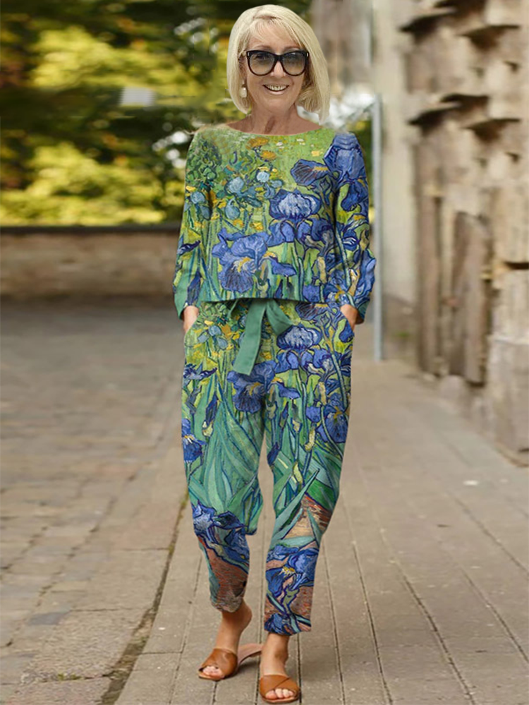 Round Neck Floral Irises Two Piece Suit VangoghDress