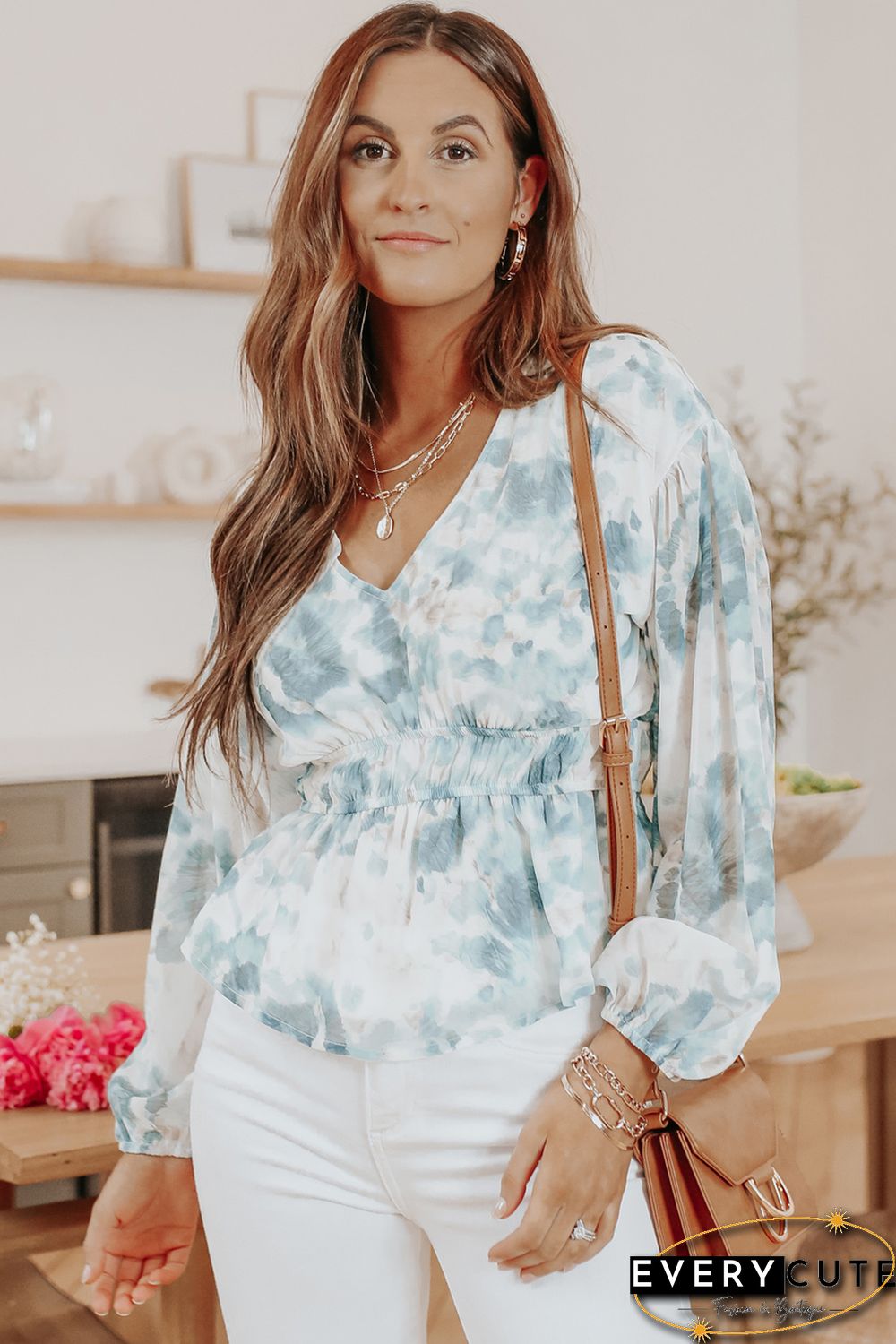 Sky Blue V Neck Tie-dye Peplum Top