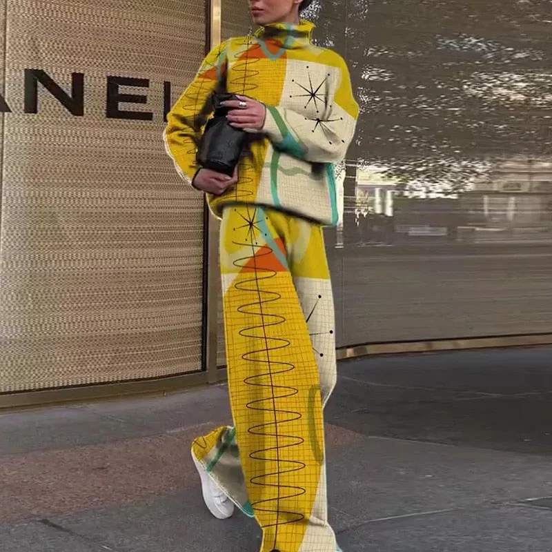 Casual Two Piece Outfits Graffiti Printing Sweatshirt Suits Women Streetwear Turtleneck Top + Wide Leg Pants Tracksuit 2 PC Sets