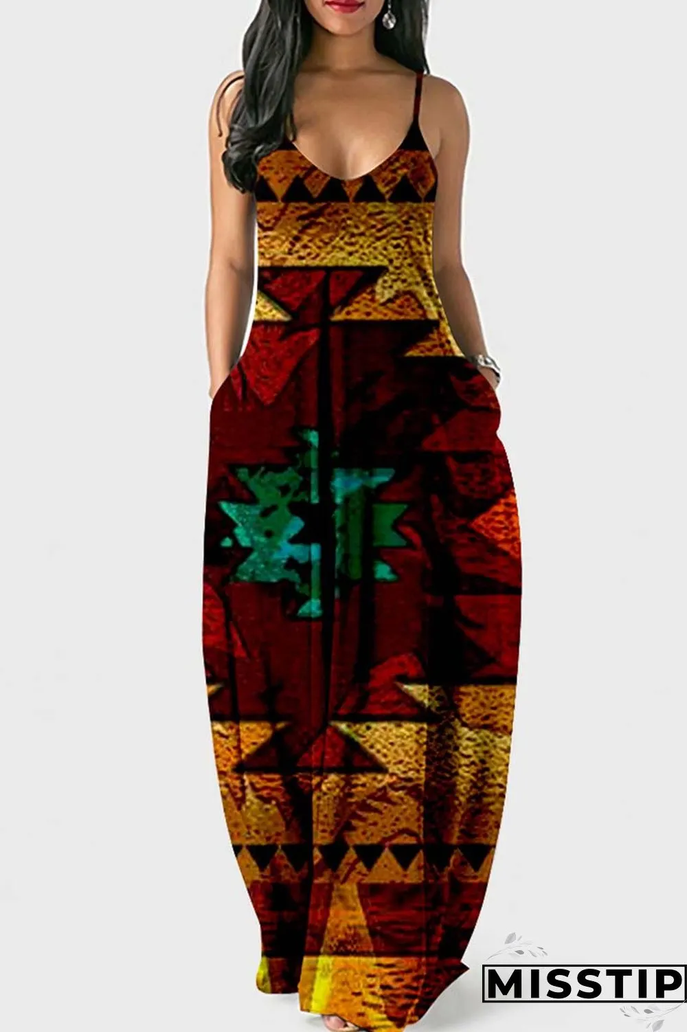 Khaki Sexy Casual Print Backless Spaghetti Strap Long Dress Dresses