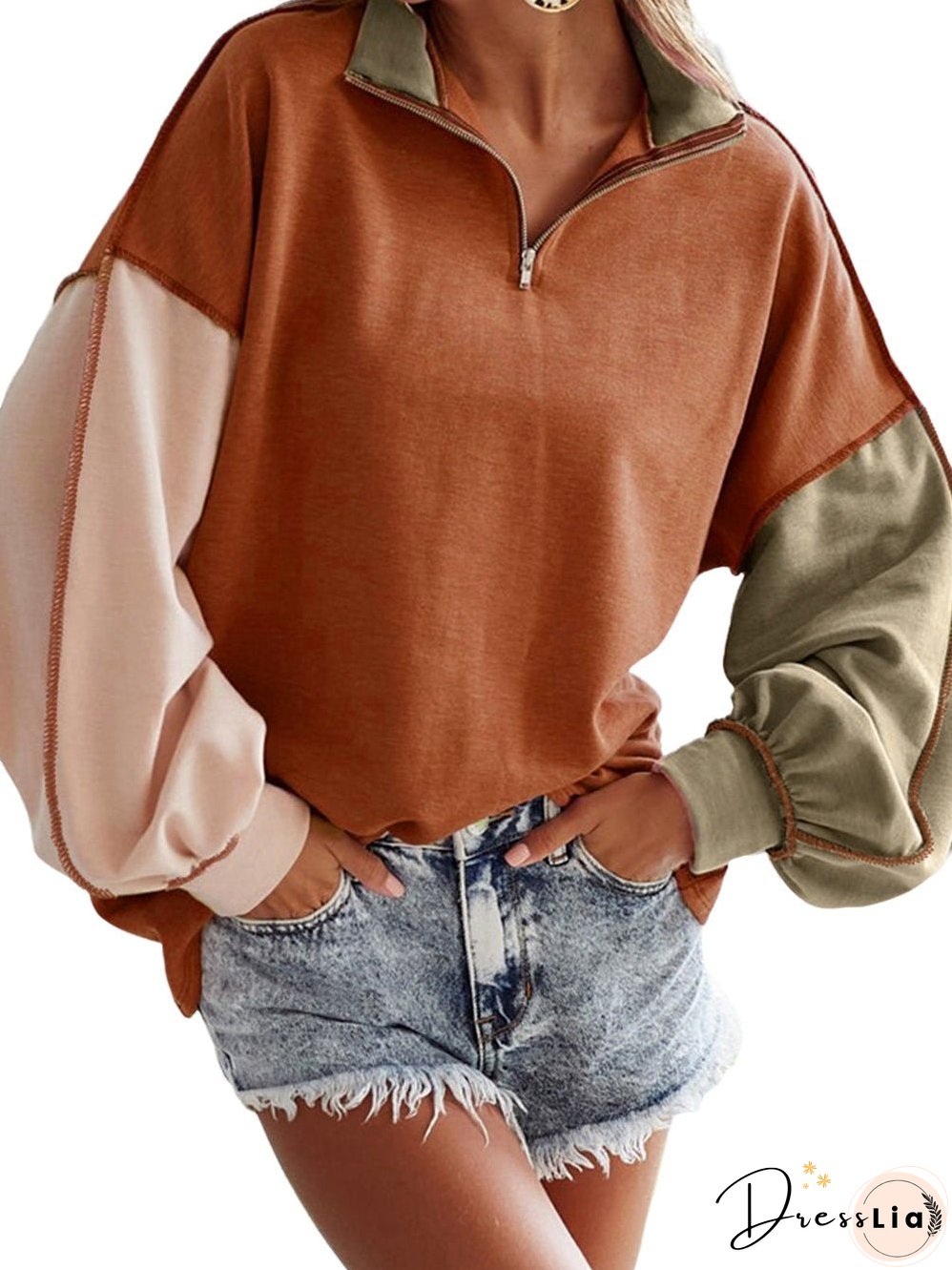 Khaki Zippered V-Neck Color Block Sweatshirt