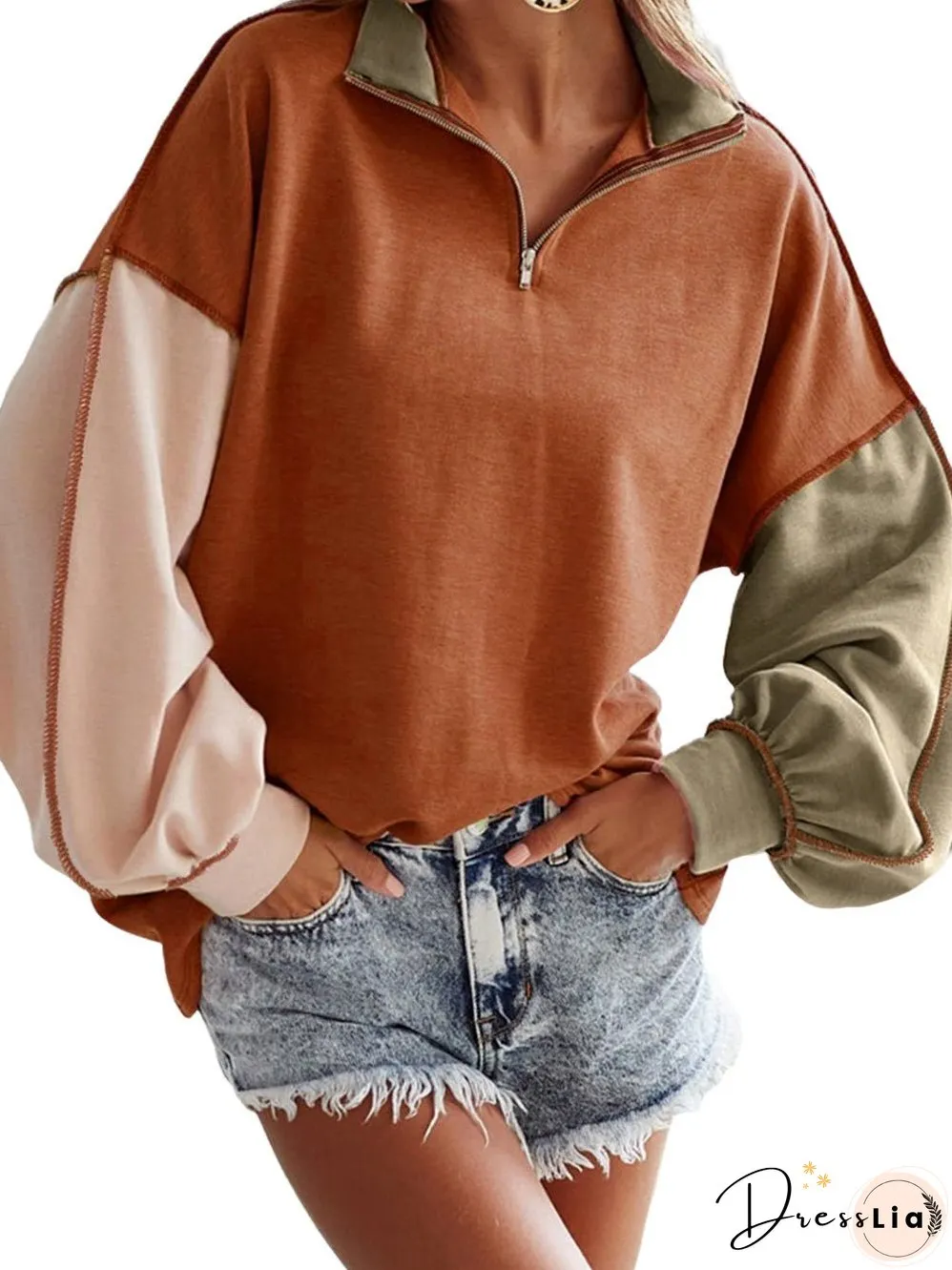 Khaki Zippered V-Neck Color Block Sweatshirt