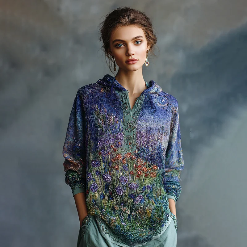 Women's Oil Painting Floral Contrast Color Sequined Button Hoodie