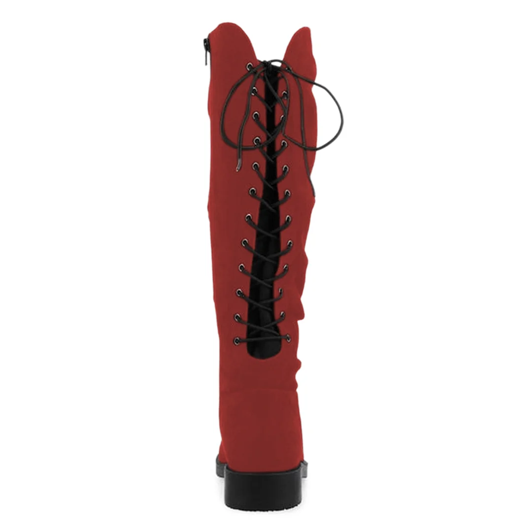 Women's Red Faux Suede Round Toe Side-Zip Lace-Up Knee-High Boots