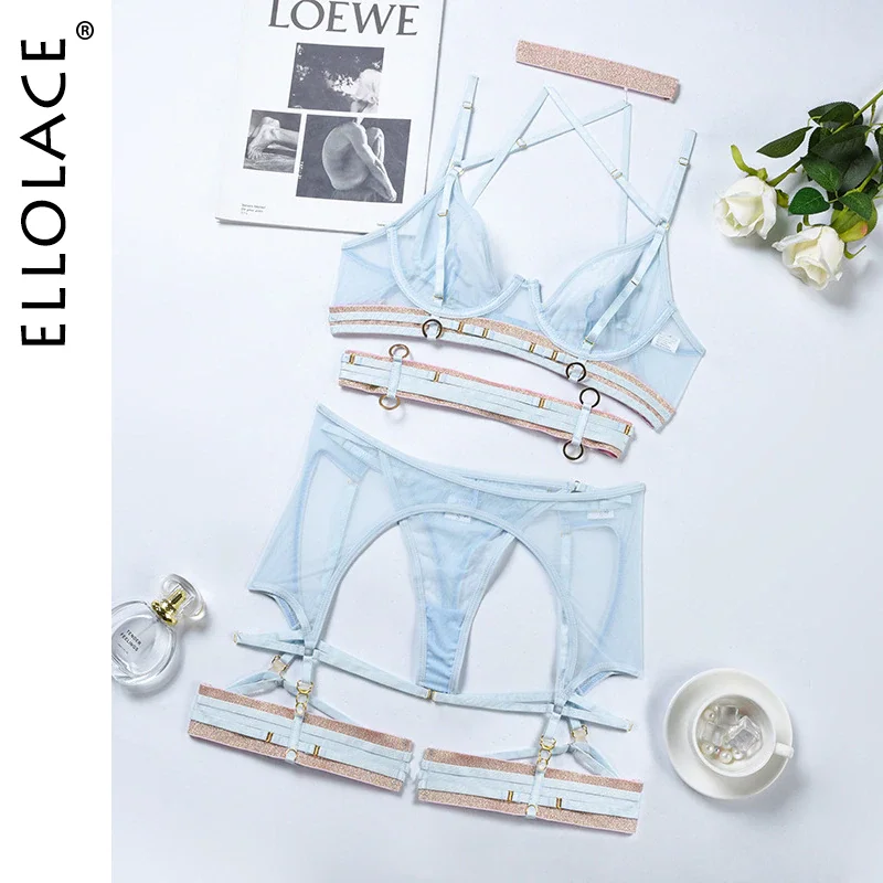 Billionm Luxury Lingerie For Women 4-Pieces See Through Underwear Bandage Garters Sexy Thongs Fancy Transparent Bra Erotic Sets