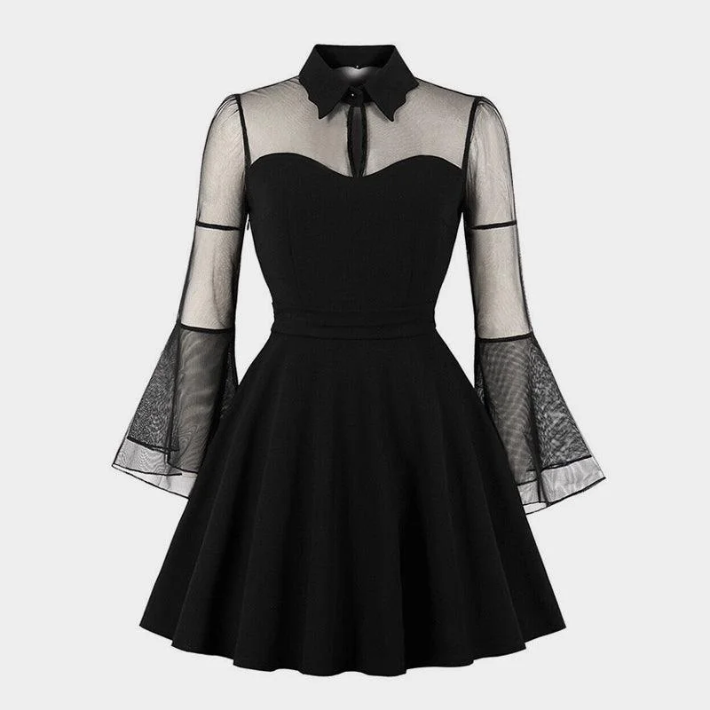 Collared Mesh Sleeves Mini Dress