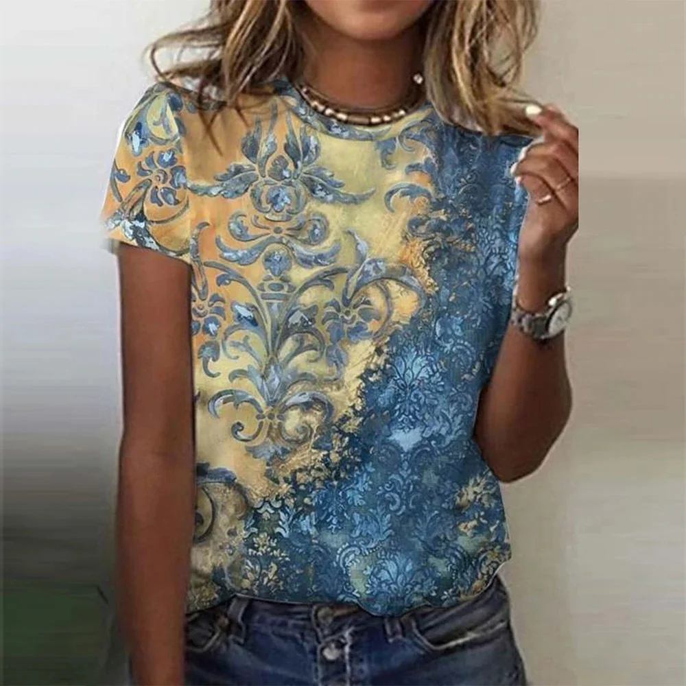 Women's T-shirt floral theme retro top