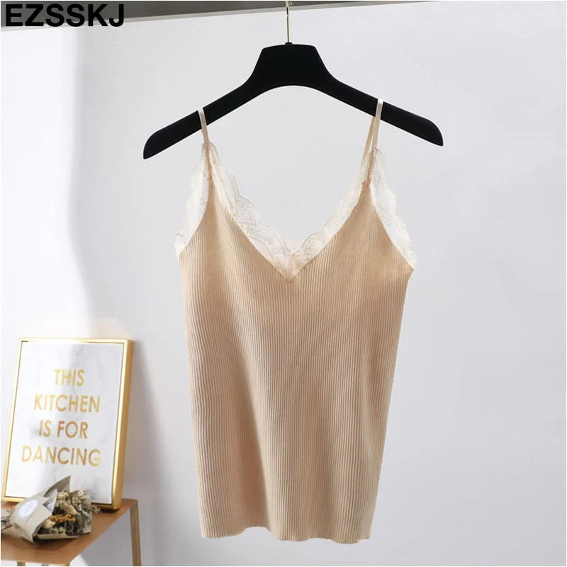 Sexy basic lace camisole Summer knit Tank top Women Adjustable strap camisole female camis  High Elasticity top casual