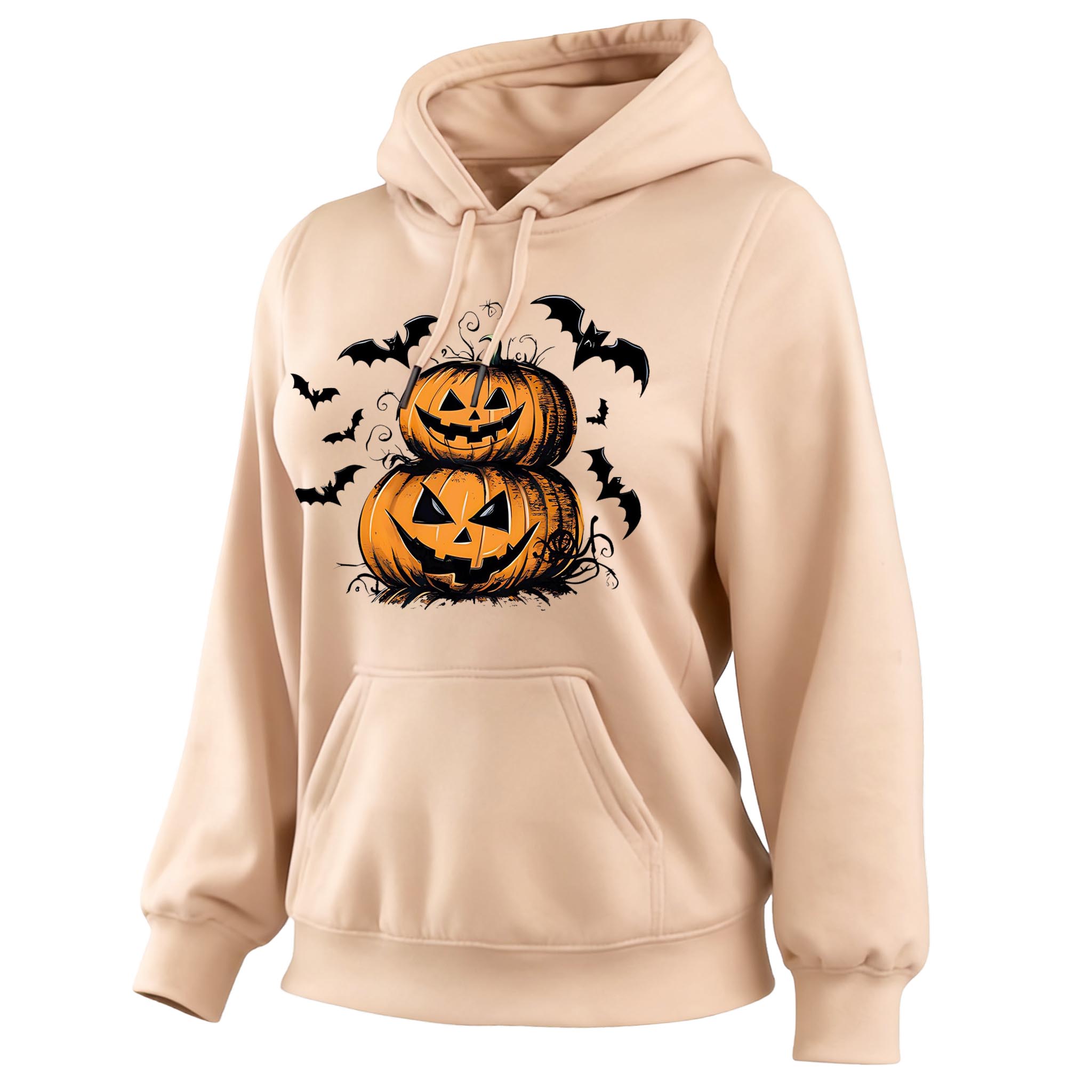 Women's Vintage Halloween Spooky Bat And Pumpkin Halloween Print Pocket Long-Sleeve Hoodie