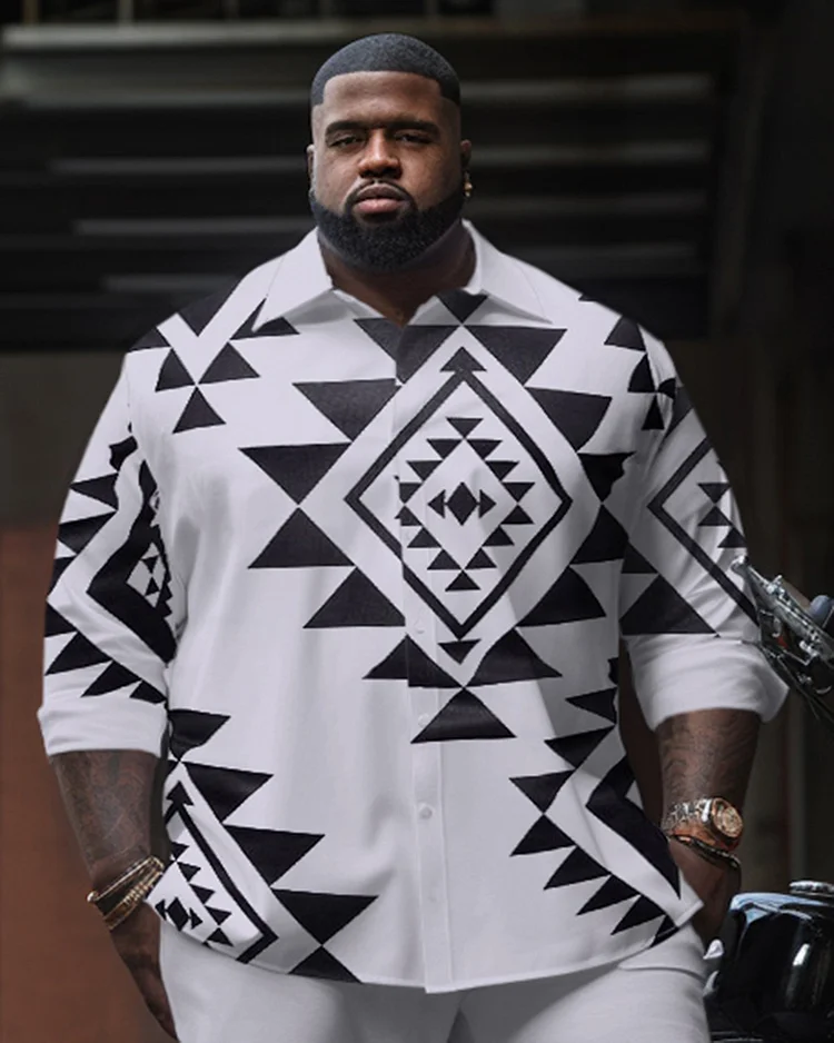 Men's Plus Size Ethnic Triangular Rhombus Long Sleeve Shirt Two-Piece Set